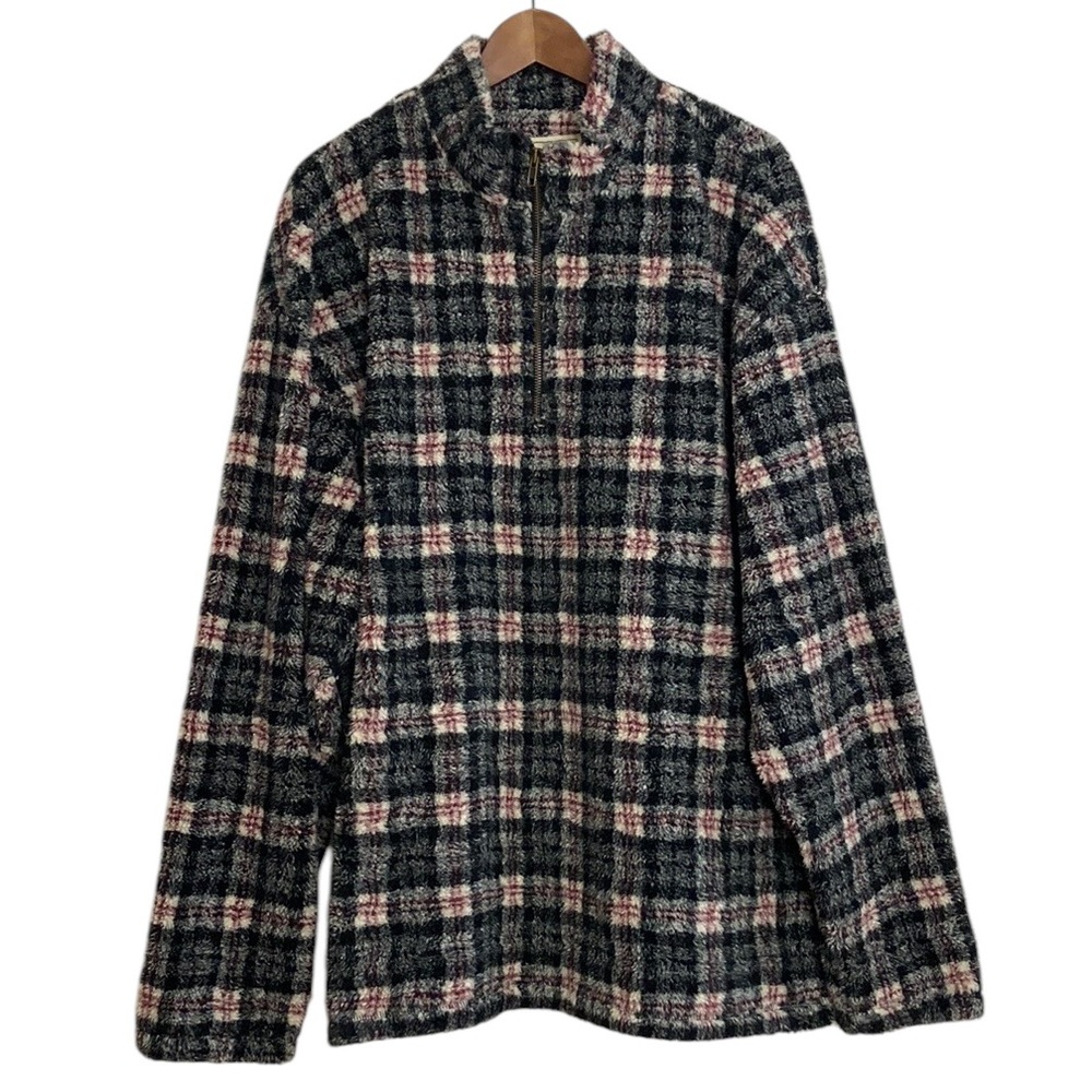 Vintage Eddie Bauer Jacket Mens XLT Gray Red Plaid Fleece Quarter-Zip Sweater